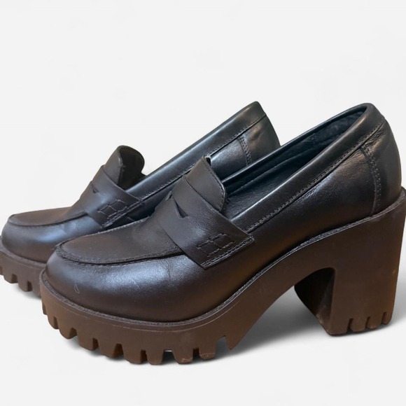 Steve Madden Shoes - Steve Madden Black Platform Lug Sole Penny Loafers Chunky Block Heel Womens 8.0